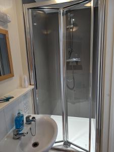 a bathroom with a shower and a white sink at Railway Inn in Culham