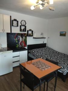 ビソバ・ズドルイにあるPokoje Panoramaのベッド、テーブル、キッチンが備わる客室です。