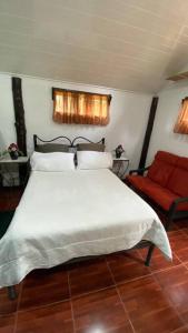 a bedroom with a white bed and a red chair at Koi's House - Quebradillas de Dota in Santa María
