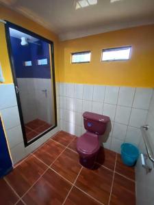uma casa de banho com um WC roxo e um chuveiro em Koi's House - Quebradillas de Dota em Santa María