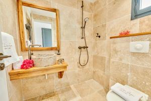 e bagno con doccia, servizi igienici e lavandino. di LES GALETS ROUGES LODGES & SPA a Bouillante