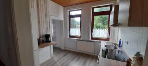 eine Küche mit einem Waschbecken und zwei Fenstern darin in der Unterkunft Bergschatz in Langelsheim