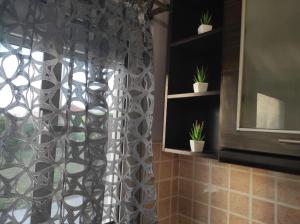 a shower curtain in a bathroom with potted plants at Petra House in Petra