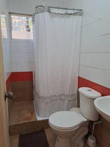 La salle de bains est pourvue de toilettes, d'une douche et d'un lavabo. dans l'établissement cabaña rustica LEMU isla negra, à Isla Negra