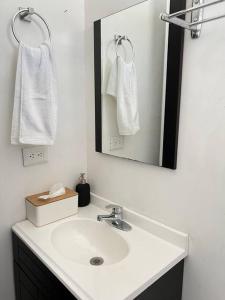een badkamer met een wastafel, een spiegel en handdoeken bij Hermoso Dpto a pasos del Fashion Drive c/alberca in Monterrey