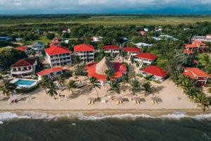 an aerial view of the resort and the beach at The Lodge at Jaguar Reef in Hopkins