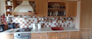 a kitchen with wooden cabinets and a red sink at High aesthetics maisonette in the wood by the sea in Metamorfosi