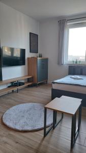 a living room with a bed and a table and a couch at Apartment Between in Kraków