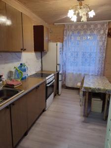eine Küche mit einem Waschbecken und einem Tisch darin in der Unterkunft Гостинний двір Матійчуків Новий in Worochta