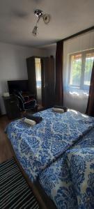 a bedroom with a bed with a blue and white comforter at Casa Happy Family Bran in Bran