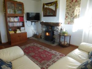 a living room with a couch and a fireplace at Sally End in Ravenstonedale