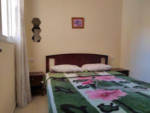 伊夫蘭的住宿－Appartement ifrane，一间卧室,床上有粉红色的鲜花