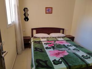 a bedroom with a bed with a green and pink blanket at Appartement ifrane in Ifrane