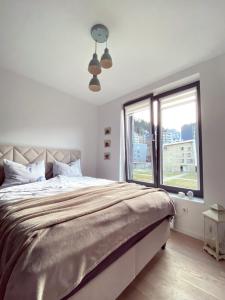 - une chambre avec un grand lit et une grande fenêtre dans l'établissement Divernoa Mountain Bjelašnica, à Bjelašnica