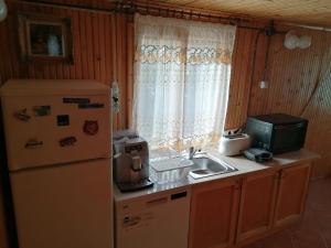 cocina con nevera, fregadero y microondas en Cabana Rânca, en Ranca 69 fotos más