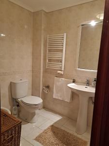 a bathroom with a toilet and a sink and a mirror at Apartamento Mar e Sol in Gafanha da Nazaré