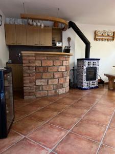 a kitchen with a brick fireplace in a room at Vinný sklípek U Františka in Dolní Bojanovice +14 photos