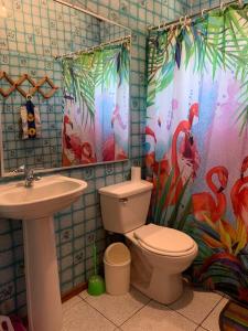 a bathroom with a toilet and a sink at Cabañas gonzalez caniupan in Licán Ray