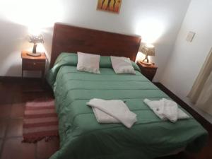 una camera da letto con un letto verde con due cuscini sopra di Departamento Cafayate a Cafayate