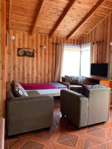 a living room with two couches and a television at Cabañas gonzalez caniupan in Licán Ray