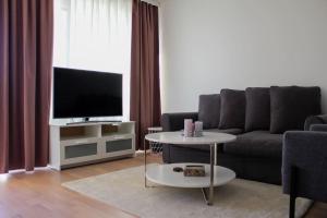 a living room with a couch and a tv at Modern apartment with Sauna, near Transit Hub/Dixi in Vantaa