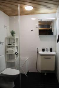 a bathroom with a toilet and a sink and a shower at Modern apartment with Sauna, near Transit Hub/Dixi in Vantaa