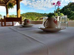 a table with two tea cups and saucers on it at Pousada Vale do Parque in Cunha