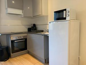 a small kitchen with a refrigerator and a microwave at Appartement duplex proche zénith, mégacité, stade in Amiens