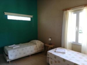 two beds in a room with green walls and a window at Casa de Montaña in Yacanto