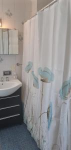 baño con cortina de ducha y lavamanos en Altos Mendoza Av Gutiérrez Cochera Gratis! en Mendoza