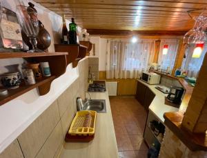 eine kleine Küche mit einer Spüle und einer Theke in der Unterkunft Cabana Tudor in Avrig