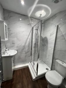 a bathroom with a shower and a toilet and a sink at Dunstable Boutique Guest House in Dunstable