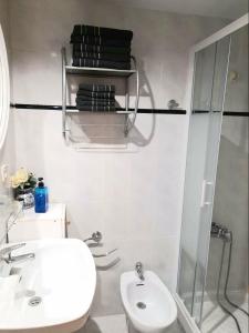 W łazience znajduje się umywalka, prysznic i toaleta. w obiekcie Apartamento en el centro de zaragoza "EL RUBÍ DEL PILAR" w Saragossie