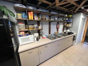 a kitchen with a sink and a microwave at CoHo: Conway Hostel in Conway