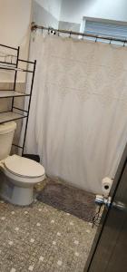 La salle de bains est pourvue de toilettes et d'un rideau de douche. dans l'établissement Villa near Crash Boat Beach Aguadilla, PR 2nd flr, à Camaceyes