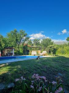 un patio con piscina y una casa en GLAMPING RANCHO ALEGRE en Merlo