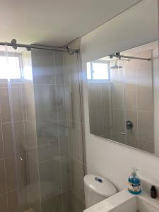 een badkamer met een douche, een toilet en een spiegel bij RUSTICO 709 in Paipa