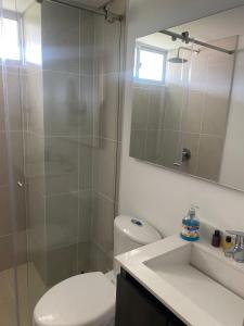 een badkamer met een douche, een toilet en een wastafel bij RUSTICO 709 in Paipa