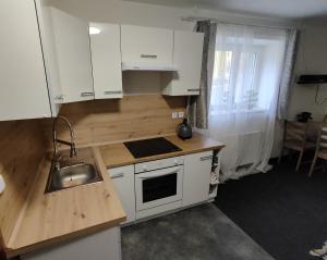 a small kitchen with white cabinets and a sink at Apartmány Na Cestě in Desná
