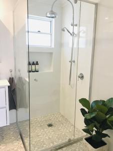 a shower stall with a plant in a bathroom at Seabirds Cottage in Coffs Harbour