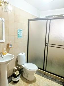 a bathroom with a shower and a toilet and a sink at Casa Loma in Armenia