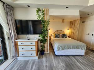 Un dormitorio con una cama y un televisor de pantalla plana. en Stylish Studio Apartment, Holiday Resort, With View, Pool, Spa , Sauna, en Gold Coast