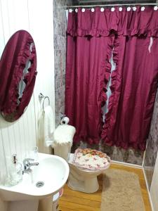 a bathroom with a white sink and a toilet at CABAÑAS RAYEN HUILLINCO in Chonchi