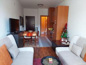 ein Wohnzimmer mit einem Sofa und einem Tisch mit einem Weihnachtsbaum in der Unterkunft Apartman Pahuljica Vlašić in Vlasic