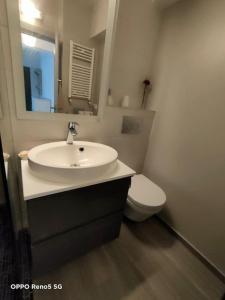 a bathroom with a sink and a toilet and a mirror at Ultracentral Ploiesti Apartment-Free Private Parking in Ploieşti