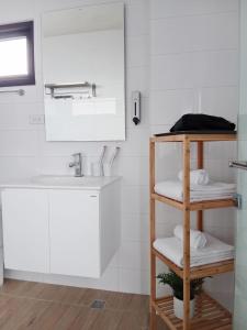 ein Badezimmer mit einem Waschbecken und einem Regal mit Handtüchern in der Unterkunft Ocean Guest House in Magong