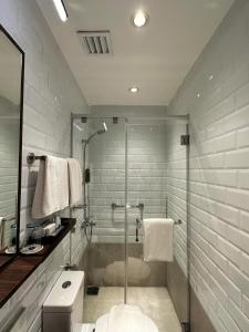 a bathroom with a shower and a toilet and a sink at Aerotel Cebu in Mactan