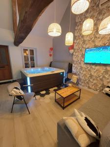 a living room with a pool table and a tv at L'incontournable - Loiret Spa in Ladon