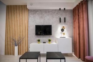 a living room with two tables and a tv on a wall at Nowoczesny apartament z antresolą i garażem in Biskupiec