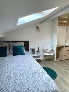 1 dormitorio con 1 cama grande con almohadas azules en APPARTEMENT 1 CHAMBRE AVEC ENTREE INDIVIDUEL en Chalon-sur-Saône